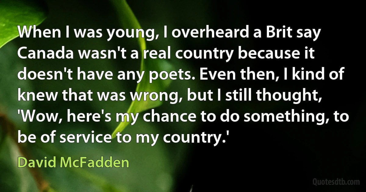 When I was young, I overheard a Brit say Canada wasn't a real country because it doesn't have any poets. Even then, I kind of knew that was wrong, but I still thought, 'Wow, here's my chance to do something, to be of service to my country.' (David McFadden)