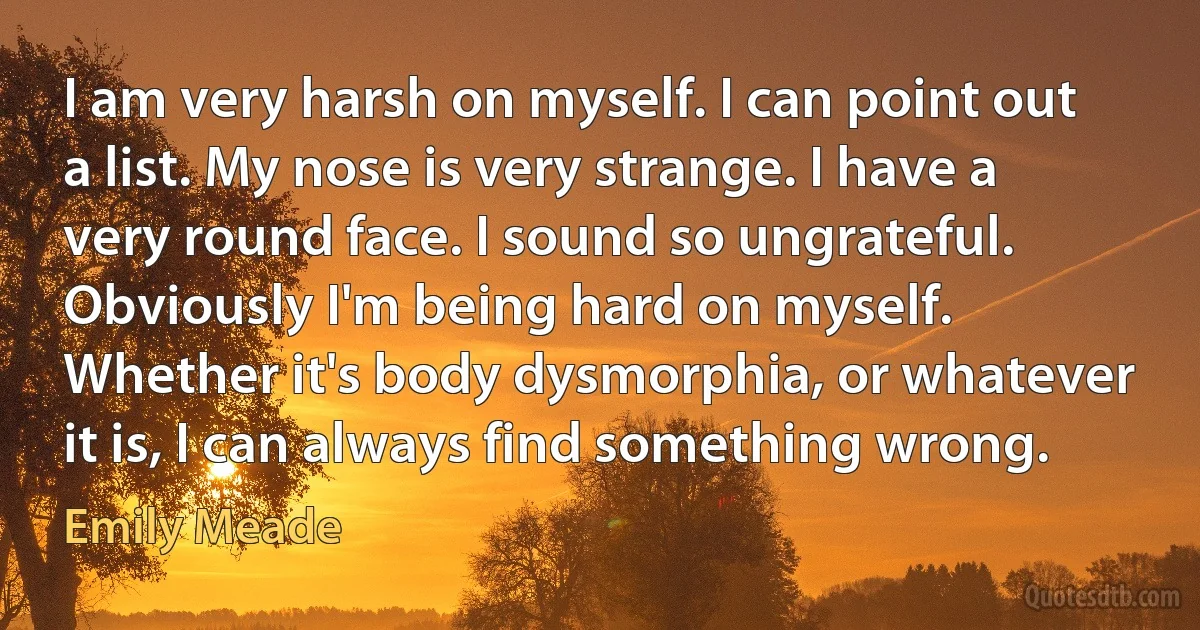 I am very harsh on myself. I can point out a list. My nose is very strange. I have a very round face. I sound so ungrateful. Obviously I'm being hard on myself. Whether it's body dysmorphia, or whatever it is, I can always find something wrong. (Emily Meade)