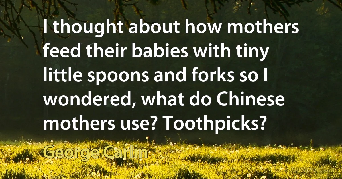 I thought about how mothers feed their babies with tiny little spoons and forks so I wondered, what do Chinese mothers use? Toothpicks? (George Carlin)