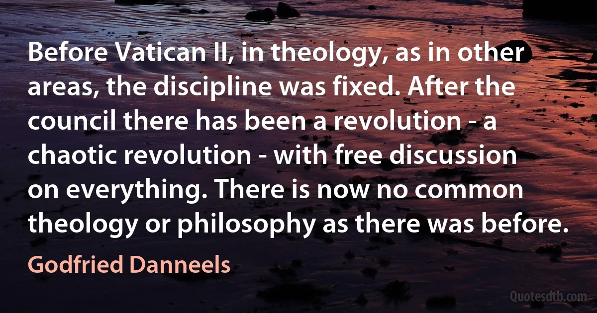 Before Vatican II, in theology, as in other areas, the discipline was fixed. After the council there has been a revolution - a chaotic revolution - with free discussion on everything. There is now no common theology or philosophy as there was before. (Godfried Danneels)