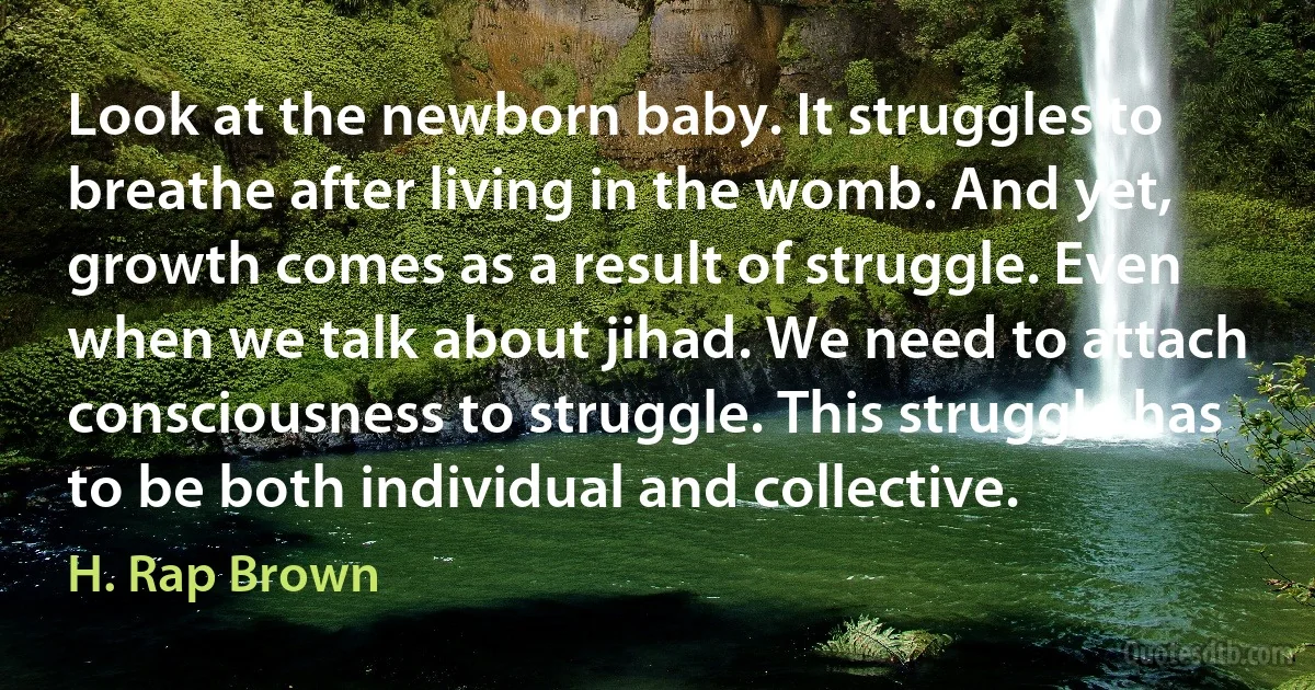 Look at the newborn baby. It struggles to breathe after living in the womb. And yet, growth comes as a result of struggle. Even when we talk about jihad. We need to attach consciousness to struggle. This struggle has to be both individual and collective. (H. Rap Brown)