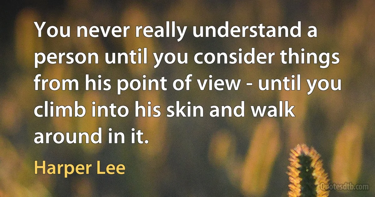 You never really understand a person until you consider things from his point of view - until you climb into his skin and walk around in it. (Harper Lee)