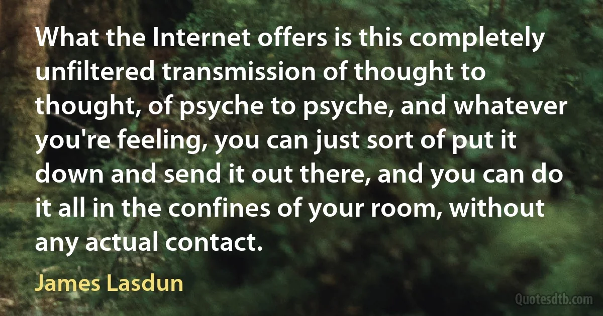 What the Internet offers is this completely unfiltered transmission of thought to thought, of psyche to psyche, and whatever you're feeling, you can just sort of put it down and send it out there, and you can do it all in the confines of your room, without any actual contact. (James Lasdun)