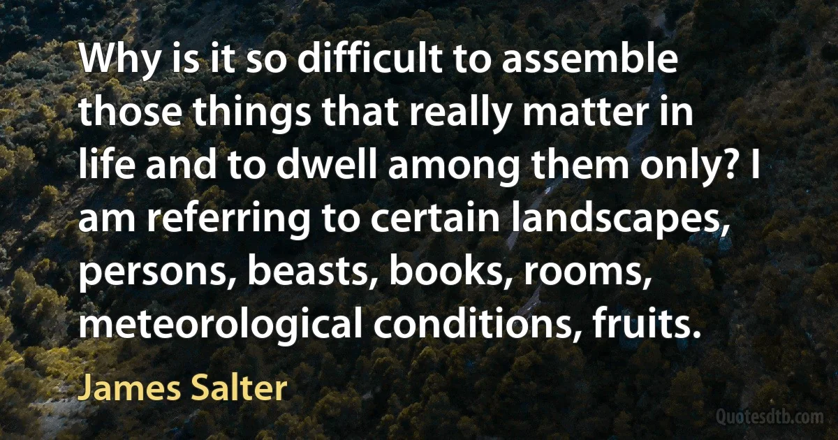 Why is it so difficult to assemble those things that really matter in life and to dwell among them only? I am referring to certain landscapes, persons, beasts, books, rooms, meteorological conditions, fruits. (James Salter)