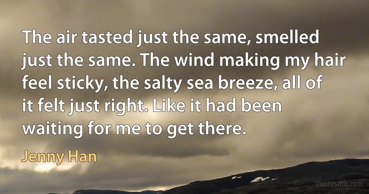 The air tasted just the same, smelled just the same. The wind making my hair feel sticky, the salty sea breeze, all of it felt just right. Like it had been waiting for me to get there. (Jenny Han)