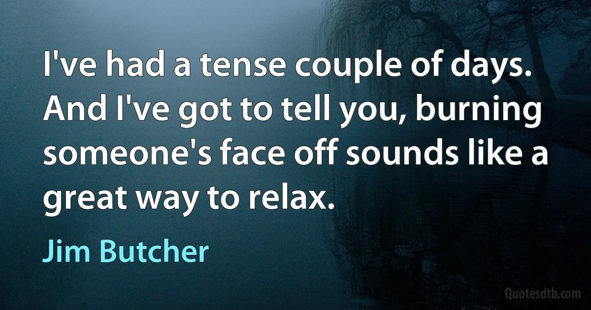 I've had a tense couple of days. And I've got to tell you, burning someone's face off sounds like a great way to relax. (Jim Butcher)