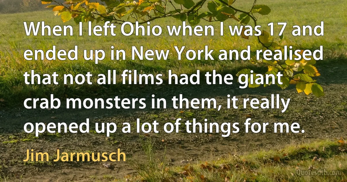 When I left Ohio when I was 17 and ended up in New York and realised that not all films had the giant crab monsters in them, it really opened up a lot of things for me. (Jim Jarmusch)