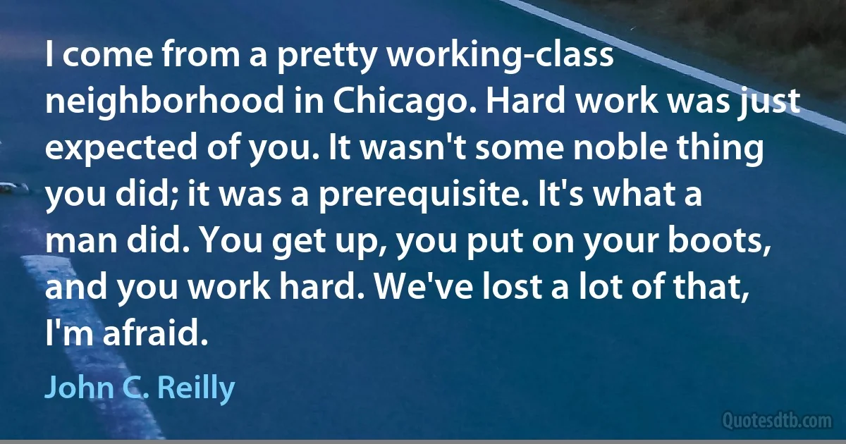 I come from a pretty working-class neighborhood in Chicago. Hard work was just expected of you. It wasn't some noble thing you did; it was a prerequisite. It's what a man did. You get up, you put on your boots, and you work hard. We've lost a lot of that, I'm afraid. (John C. Reilly)