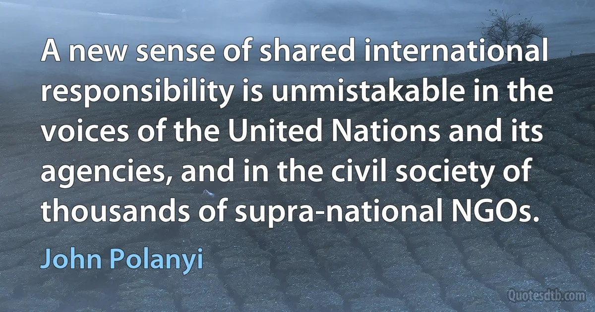 A new sense of shared international responsibility is unmistakable in the voices of the United Nations and its agencies, and in the civil society of thousands of supra-national NGOs. (John Polanyi)