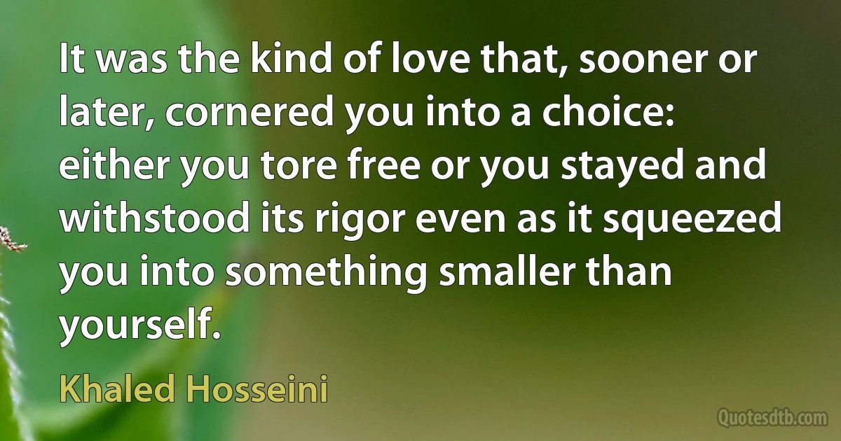 It was the kind of love that, sooner or later, cornered you into a choice: either you tore free or you stayed and withstood its rigor even as it squeezed you into something smaller than yourself. (Khaled Hosseini)