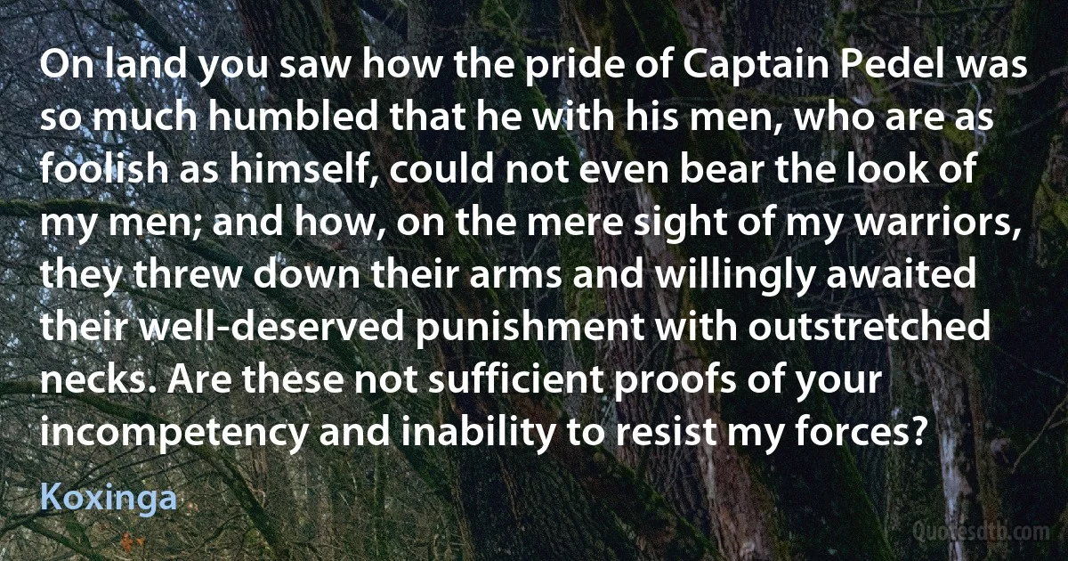 On land you saw how the pride of Captain Pedel was so much humbled that he with his men, who are as foolish as himself, could not even bear the look of my men; and how, on the mere sight of my warriors, they threw down their arms and willingly awaited their well-deserved punishment with outstretched necks. Are these not sufficient proofs of your incompetency and inability to resist my forces? (Koxinga)