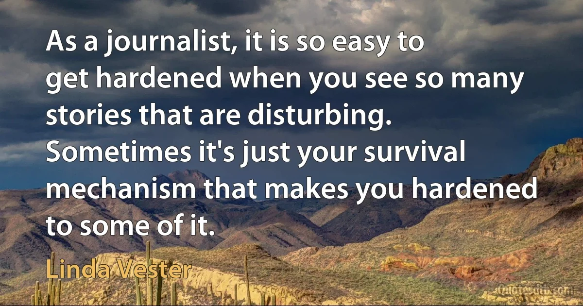 As a journalist, it is so easy to get hardened when you see so many stories that are disturbing. Sometimes it's just your survival mechanism that makes you hardened to some of it. (Linda Vester)