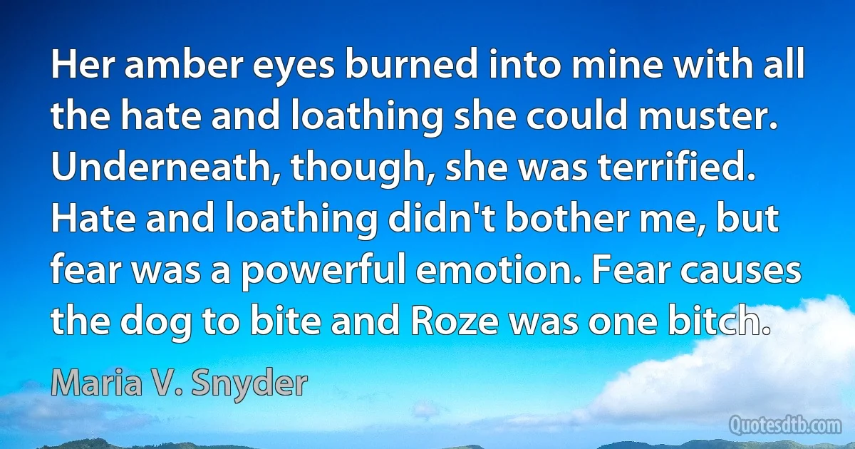 Her amber eyes burned into mine with all the hate and loathing she could muster. Underneath, though, she was terrified. Hate and loathing didn't bother me, but fear was a powerful emotion. Fear causes the dog to bite and Roze was one bitch. (Maria V. Snyder)