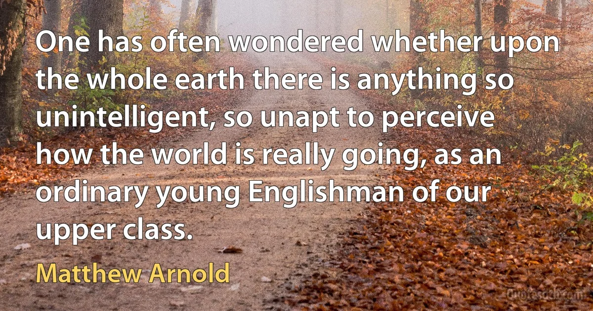 One has often wondered whether upon the whole earth there is anything so unintelligent, so unapt to perceive how the world is really going, as an ordinary young Englishman of our upper class. (Matthew Arnold)