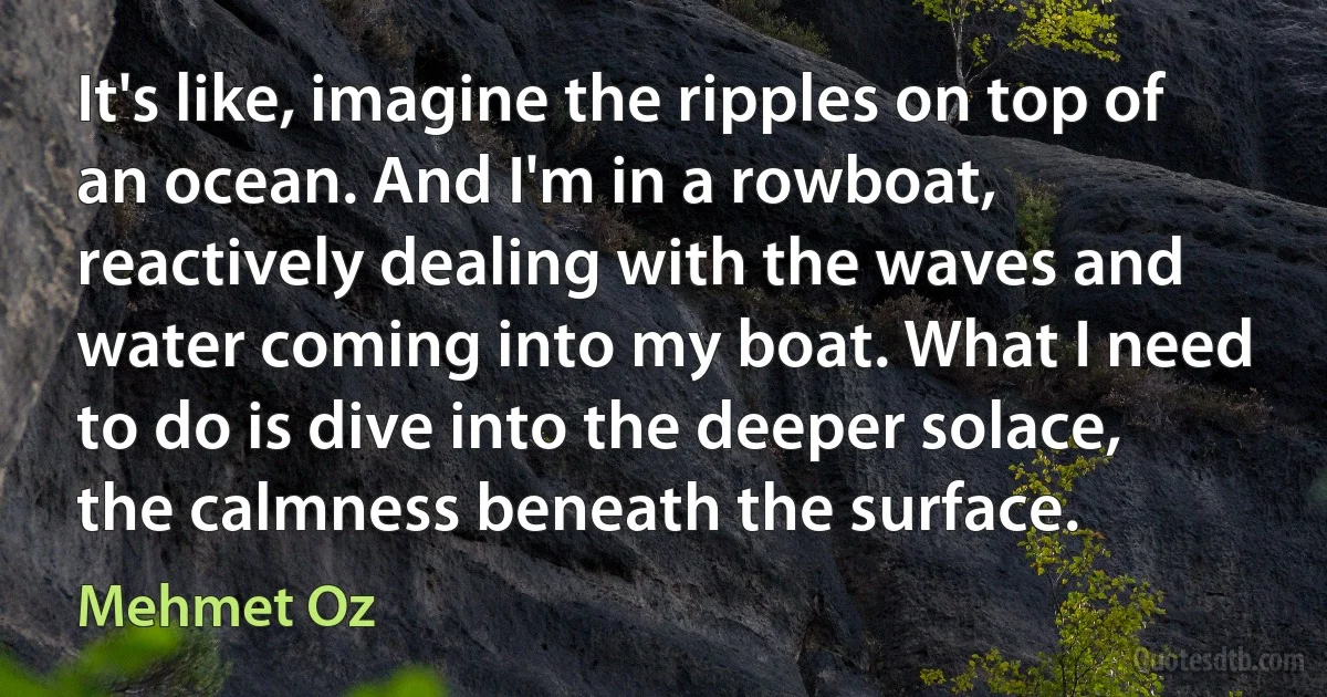 It's like, imagine the ripples on top of an ocean. And I'm in a rowboat, reactively dealing with the waves and water coming into my boat. What I need to do is dive into the deeper solace, the calmness beneath the surface. (Mehmet Oz)