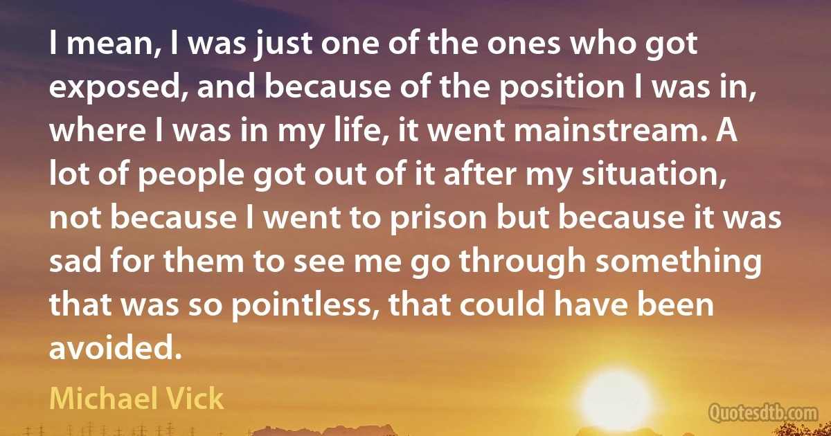 I mean, I was just one of the ones who got exposed, and because of the position I was in, where I was in my life, it went mainstream. A lot of people got out of it after my situation, not because I went to prison but because it was sad for them to see me go through something that was so pointless, that could have been avoided. (Michael Vick)