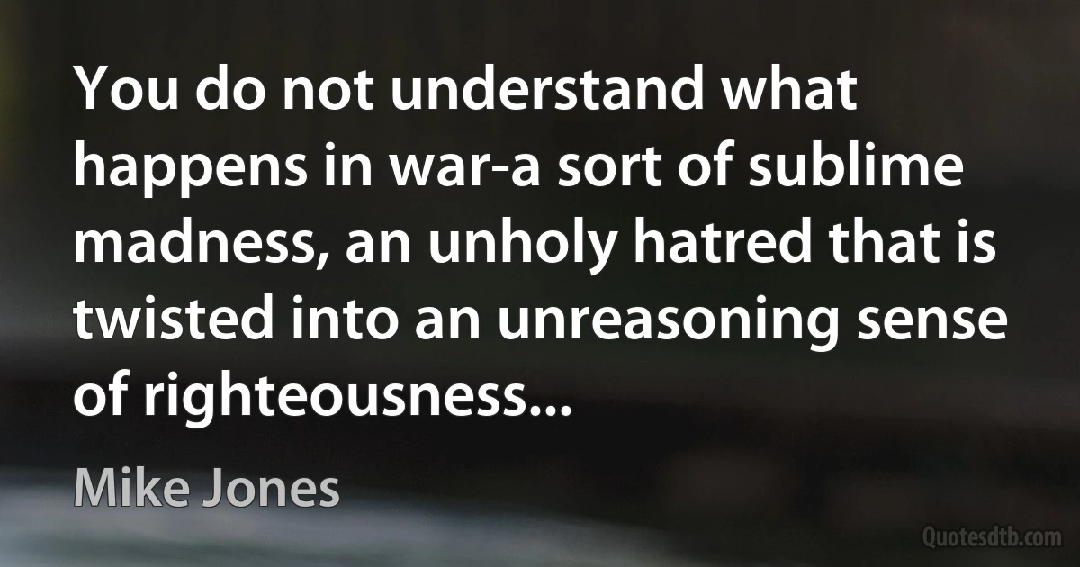 You do not understand what happens in war-a sort of sublime madness, an unholy hatred that is twisted into an unreasoning sense of righteousness... (Mike Jones)