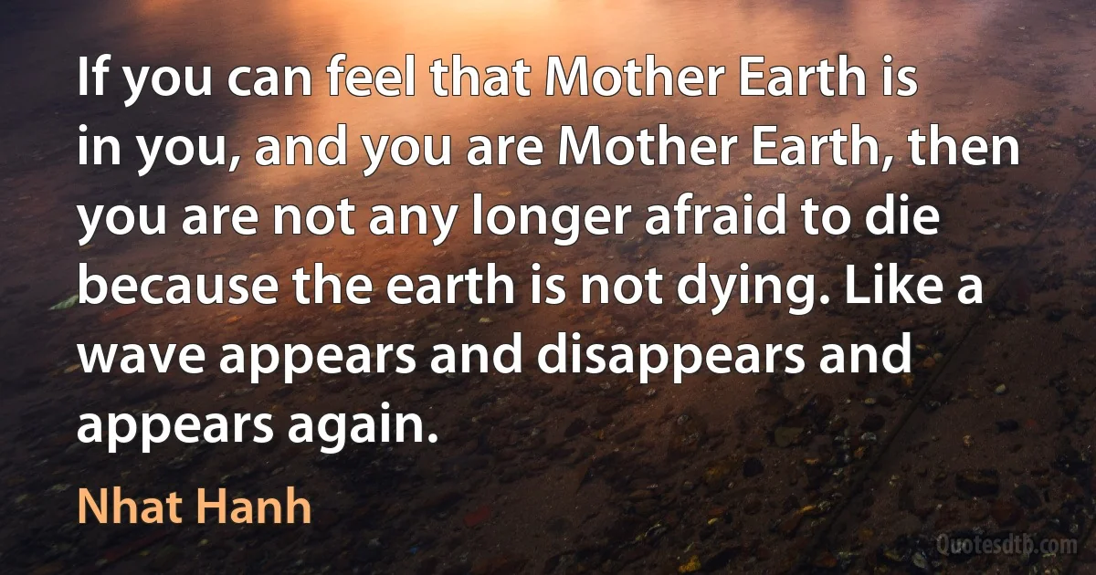 If you can feel that Mother Earth is in you, and you are Mother Earth, then you are not any longer afraid to die because the earth is not dying. Like a wave appears and disappears and appears again. (Nhat Hanh)