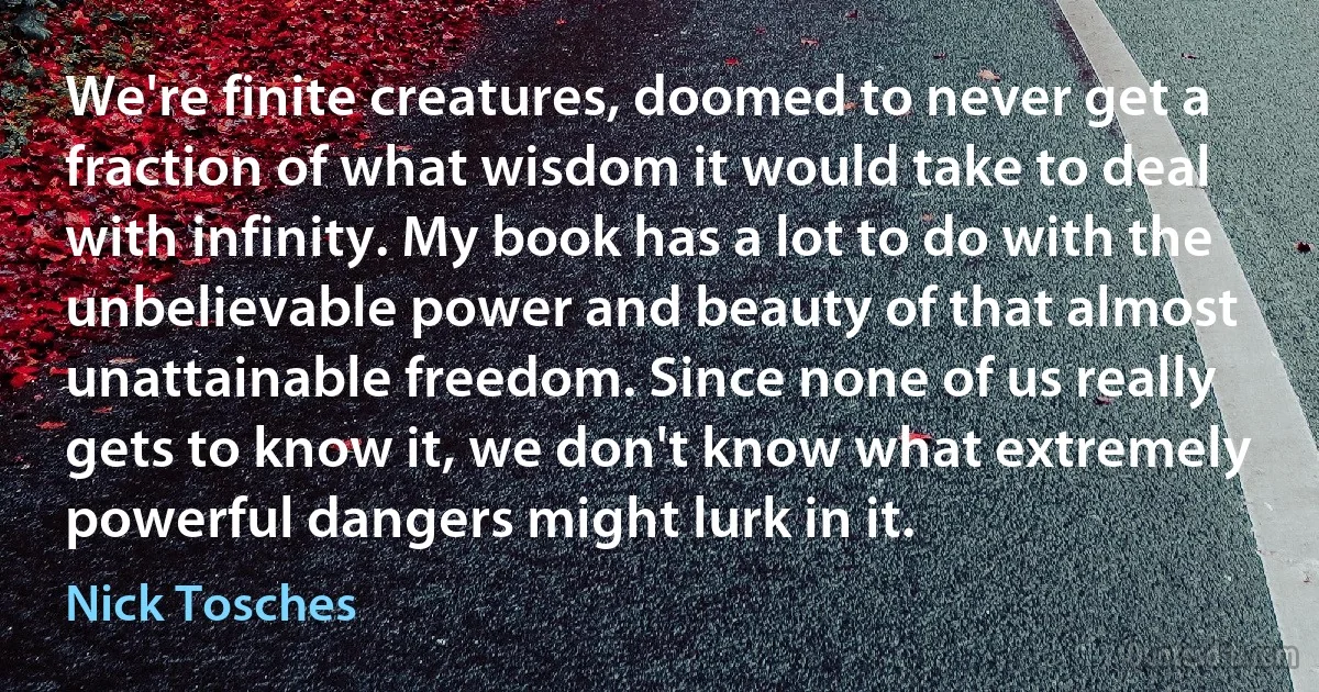 We're finite creatures, doomed to never get a fraction of what wisdom it would take to deal with infinity. My book has a lot to do with the unbelievable power and beauty of that almost unattainable freedom. Since none of us really gets to know it, we don't know what extremely powerful dangers might lurk in it. (Nick Tosches)