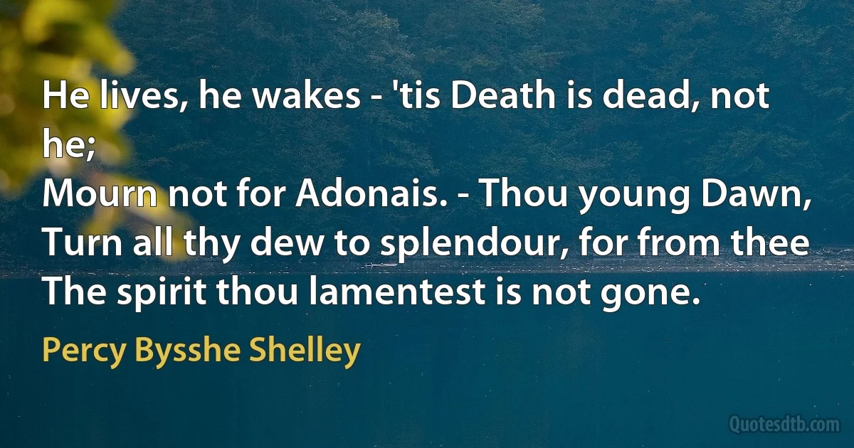 He lives, he wakes - 'tis Death is dead, not he;
Mourn not for Adonais. - Thou young Dawn,
Turn all thy dew to splendour, for from thee
The spirit thou lamentest is not gone. (Percy Bysshe Shelley)