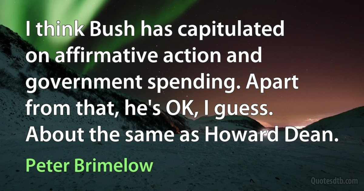 I think Bush has capitulated on affirmative action and government spending. Apart from that, he's OK, I guess. About the same as Howard Dean. (Peter Brimelow)