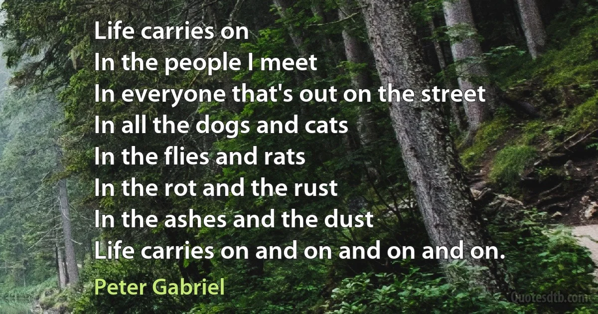 Life carries on
In the people I meet
In everyone that's out on the street
In all the dogs and cats
In the flies and rats
In the rot and the rust
In the ashes and the dust
Life carries on and on and on and on. (Peter Gabriel)