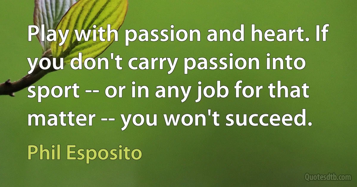 Play with passion and heart. If you don't carry passion into sport -- or in any job for that matter -- you won't succeed. (Phil Esposito)