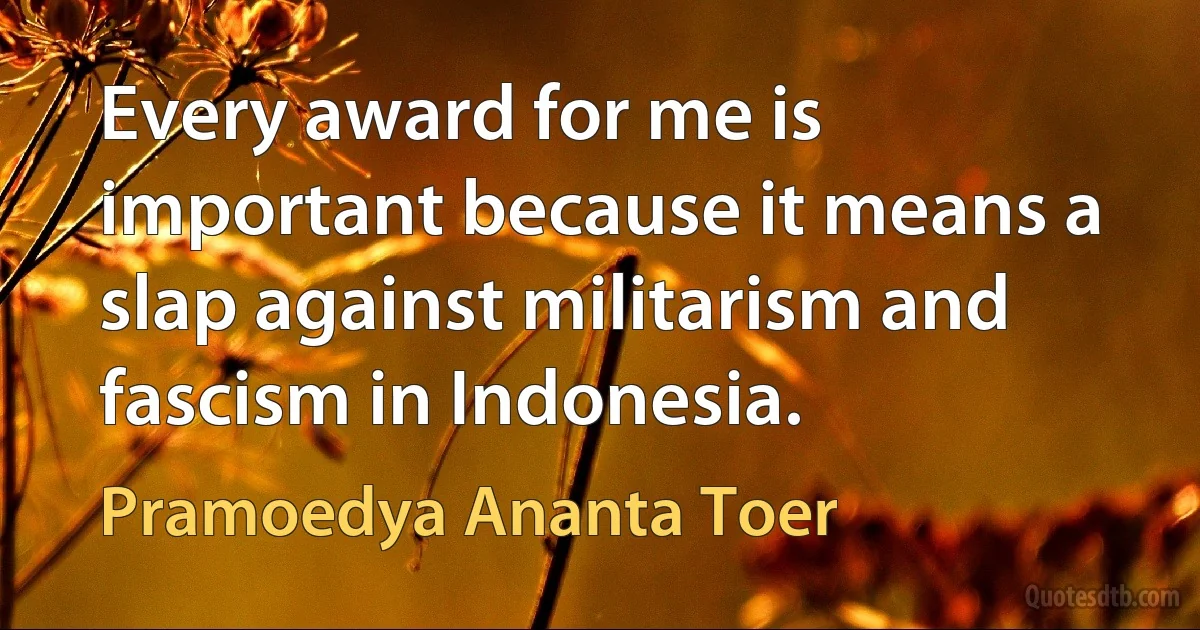 Every award for me is important because it means a slap against militarism and fascism in Indonesia. (Pramoedya Ananta Toer)