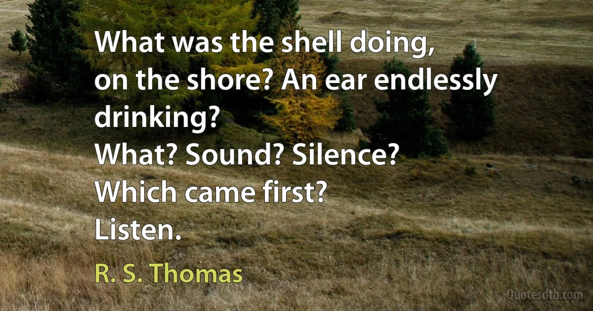 What was the shell doing,
on the shore? An ear endlessly
drinking?
What? Sound? Silence?
Which came first?
Listen. (R. S. Thomas)