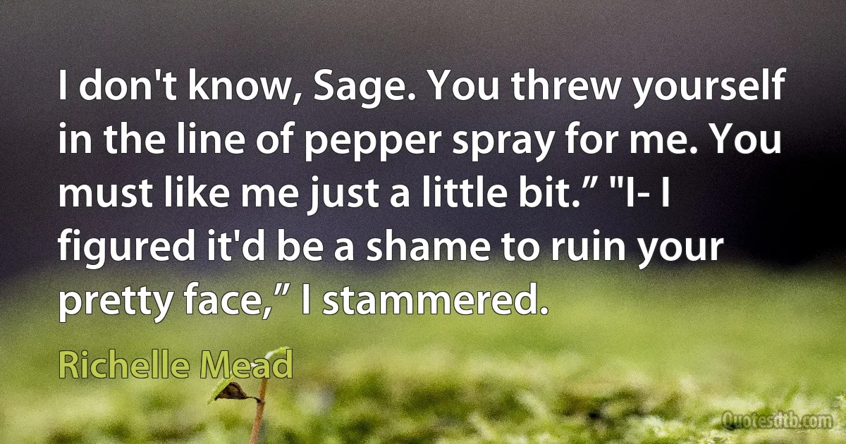 I don't know, Sage. You threw yourself in the line of pepper spray for me. You must like me just a little bit.” "I- I figured it'd be a shame to ruin your pretty face,” I stammered. (Richelle Mead)