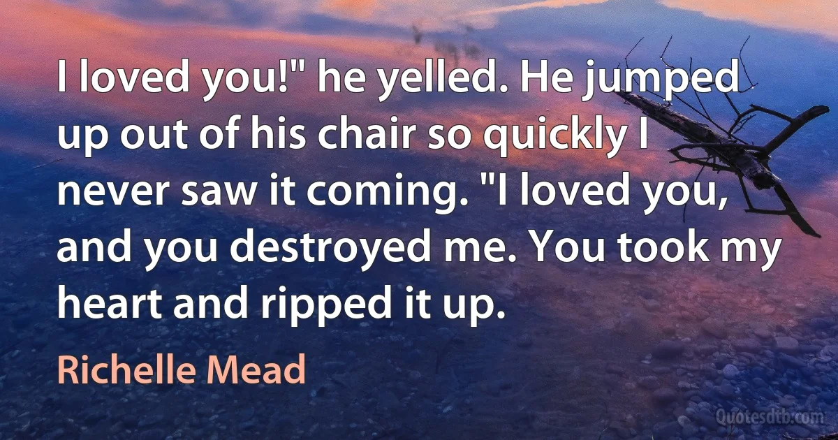 I loved you!" he yelled. He jumped up out of his chair so quickly I never saw it coming. "I loved you, and you destroyed me. You took my heart and ripped it up. (Richelle Mead)