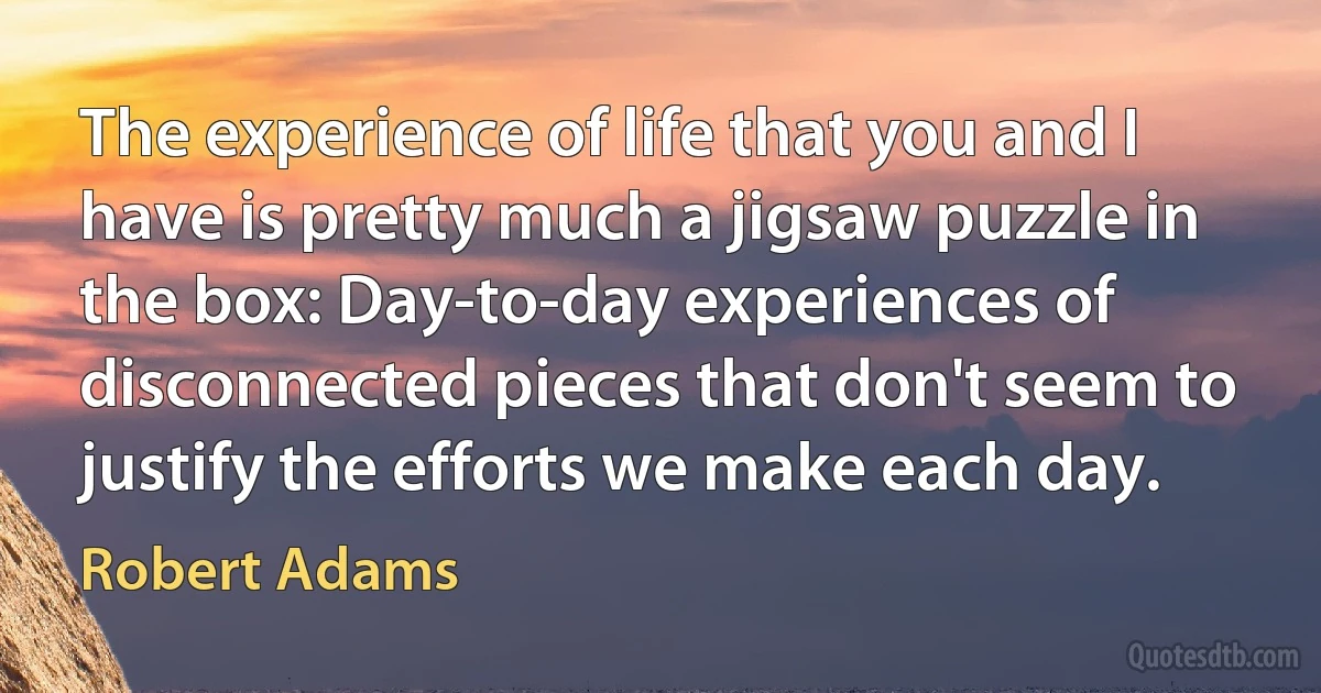 The experience of life that you and I have is pretty much a jigsaw puzzle in the box: Day-to-day experiences of disconnected pieces that don't seem to justify the efforts we make each day. (Robert Adams)