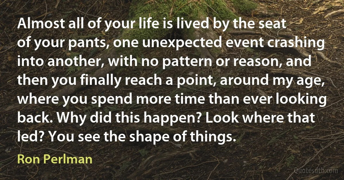 Almost all of your life is lived by the seat of your pants, one unexpected event crashing into another, with no pattern or reason, and then you finally reach a point, around my age, where you spend more time than ever looking back. Why did this happen? Look where that led? You see the shape of things. (Ron Perlman)