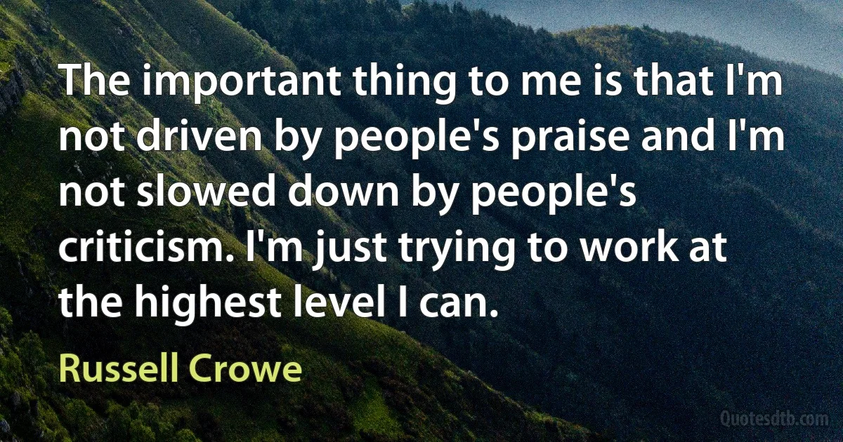 The important thing to me is that I'm not driven by people's praise and I'm not slowed down by people's criticism. I'm just trying to work at the highest level I can. (Russell Crowe)