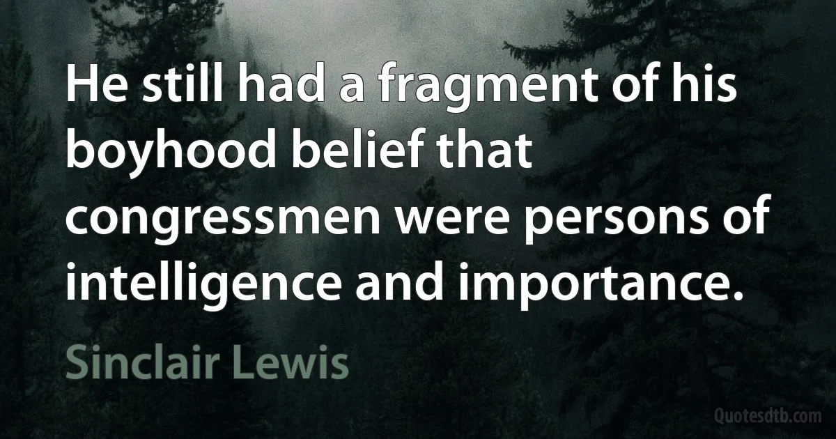 He still had a fragment of his boyhood belief that congressmen were persons of intelligence and importance. (Sinclair Lewis)