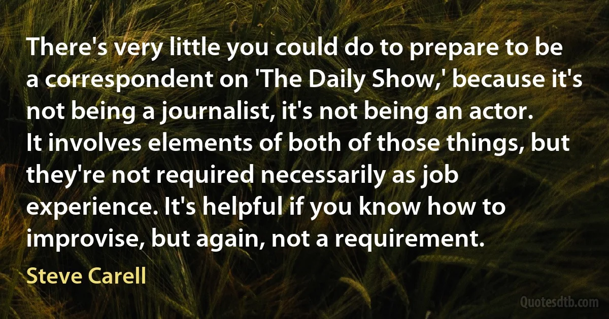 There's very little you could do to prepare to be a correspondent on 'The Daily Show,' because it's not being a journalist, it's not being an actor. It involves elements of both of those things, but they're not required necessarily as job experience. It's helpful if you know how to improvise, but again, not a requirement. (Steve Carell)