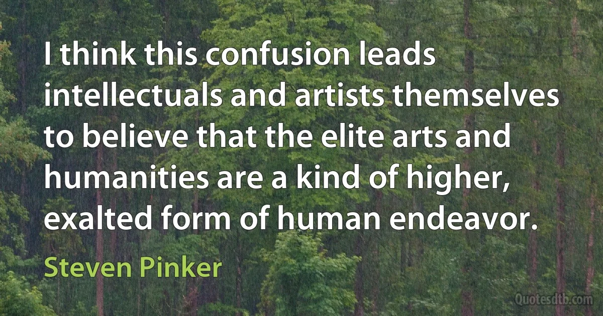 I think this confusion leads intellectuals and artists themselves to believe that the elite arts and humanities are a kind of higher, exalted form of human endeavor. (Steven Pinker)