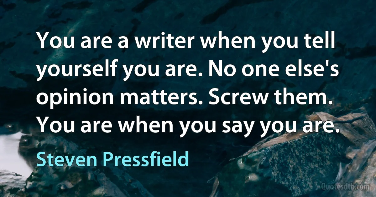 You are a writer when you tell yourself you are. No one else's opinion matters. Screw them. You are when you say you are. (Steven Pressfield)