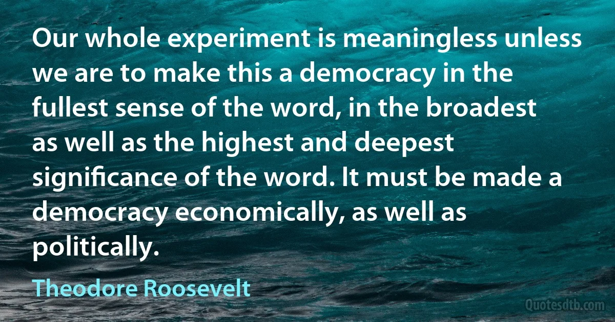 Our whole experiment is meaningless unless we are to make this a democracy in the fullest sense of the word, in the broadest as well as the highest and deepest signiﬁcance of the word. It must be made a democracy economically, as well as politically. (Theodore Roosevelt)