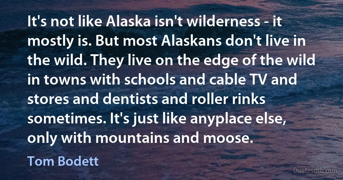 It's not like Alaska isn't wilderness - it mostly is. But most Alaskans don't live in the wild. They live on the edge of the wild in towns with schools and cable TV and stores and dentists and roller rinks sometimes. It's just like anyplace else, only with mountains and moose. (Tom Bodett)