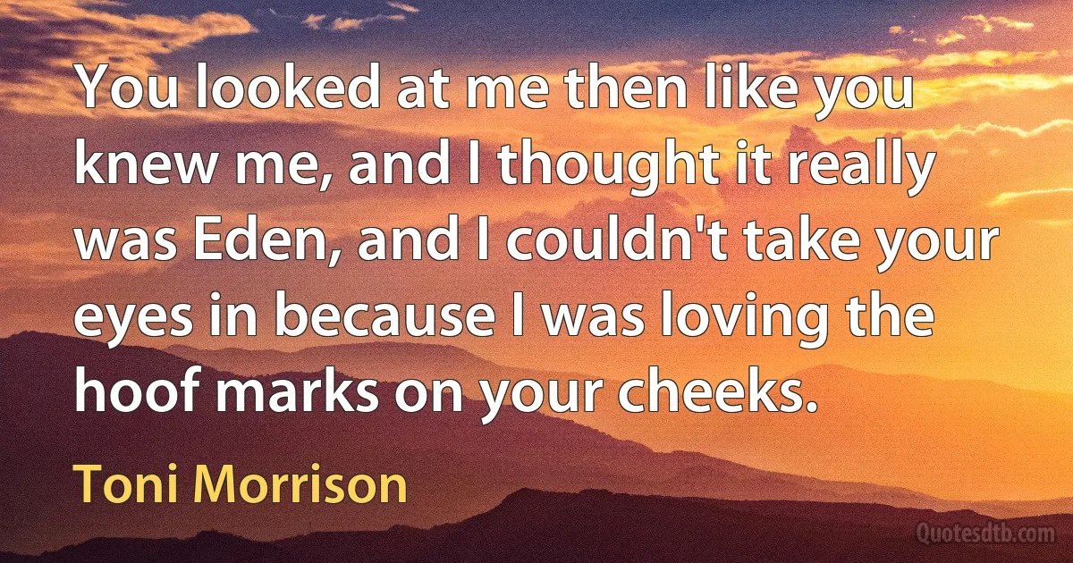 You looked at me then like you knew me, and I thought it really was Eden, and I couldn't take your eyes in because I was loving the hoof marks on your cheeks. (Toni Morrison)