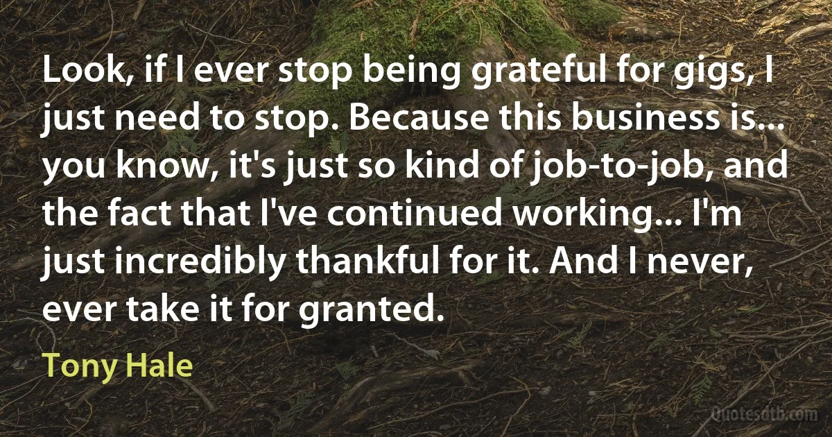 Look, if I ever stop being grateful for gigs, I just need to stop. Because this business is... you know, it's just so kind of job-to-job, and the fact that I've continued working... I'm just incredibly thankful for it. And I never, ever take it for granted. (Tony Hale)