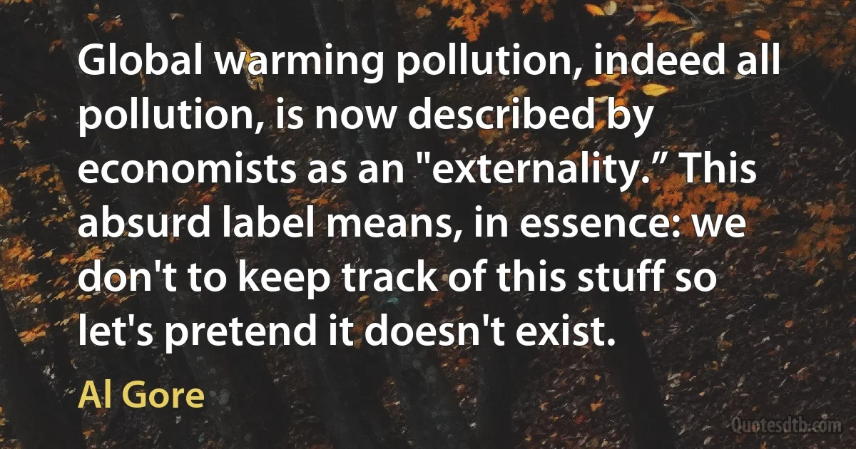 Global warming pollution, indeed all pollution, is now described by economists as an "externality.” This absurd label means, in essence: we don't to keep track of this stuff so let's pretend it doesn't exist. (Al Gore)