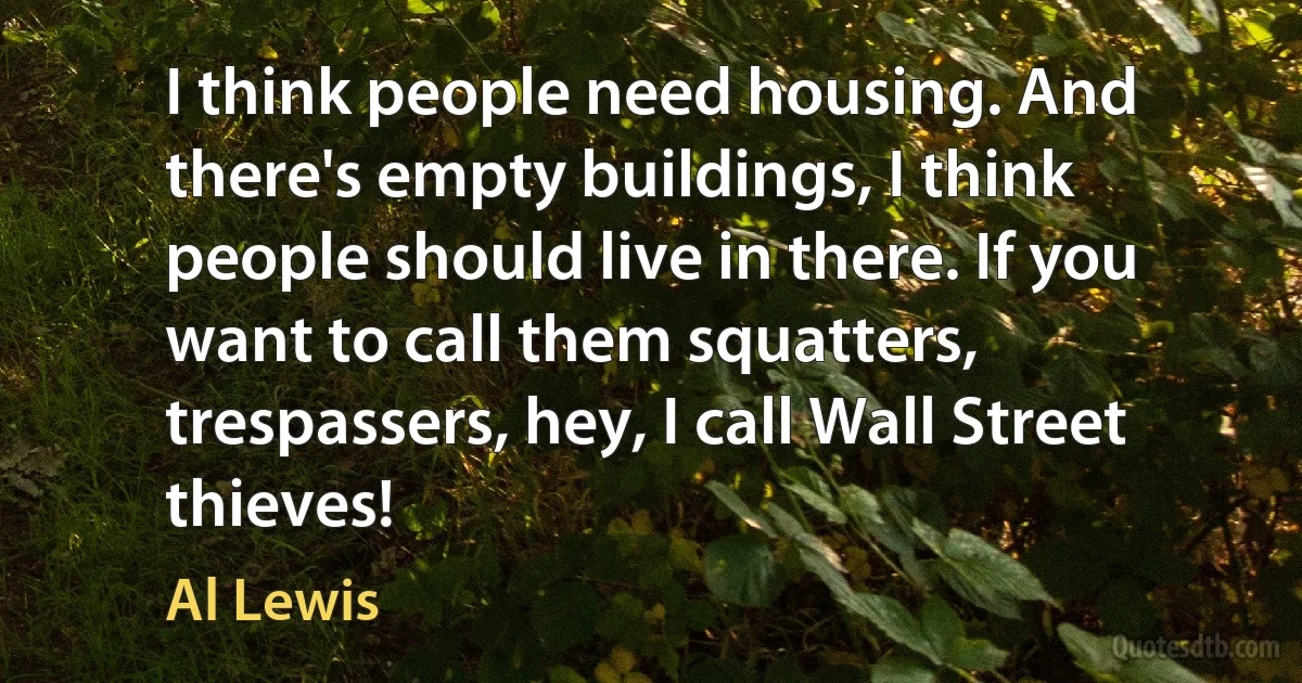 I think people need housing. And there's empty buildings, I think people should live in there. If you want to call them squatters, trespassers, hey, I call Wall Street thieves! (Al Lewis)