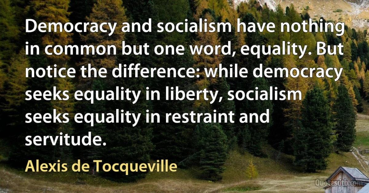 Democracy and socialism have nothing in common but one word, equality. But notice the difference: while democracy seeks equality in liberty, socialism seeks equality in restraint and servitude. (Alexis de Tocqueville)