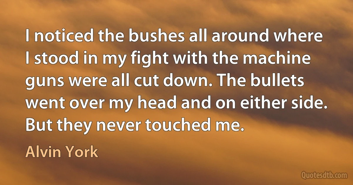 I noticed the bushes all around where I stood in my fight with the machine guns were all cut down. The bullets went over my head and on either side. But they never touched me. (Alvin York)