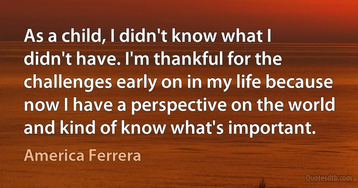 As a child, I didn't know what I didn't have. I'm thankful for the challenges early on in my life because now I have a perspective on the world and kind of know what's important. (America Ferrera)