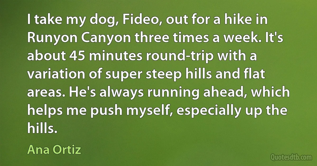 I take my dog, Fideo, out for a hike in Runyon Canyon three times a week. It's about 45 minutes round-trip with a variation of super steep hills and flat areas. He's always running ahead, which helps me push myself, especially up the hills. (Ana Ortiz)