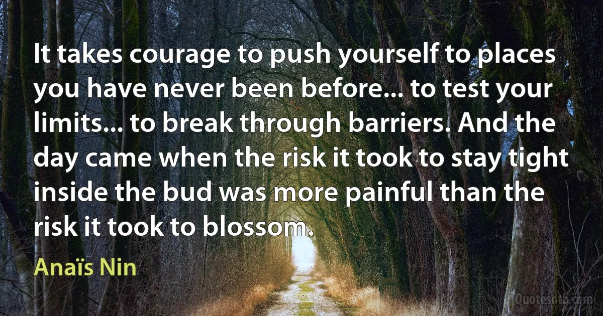 It takes courage to push yourself to places you have never been before... to test your limits... to break through barriers. And the day came when the risk it took to stay tight inside the bud was more painful than the risk it took to blossom. (Anaïs Nin)