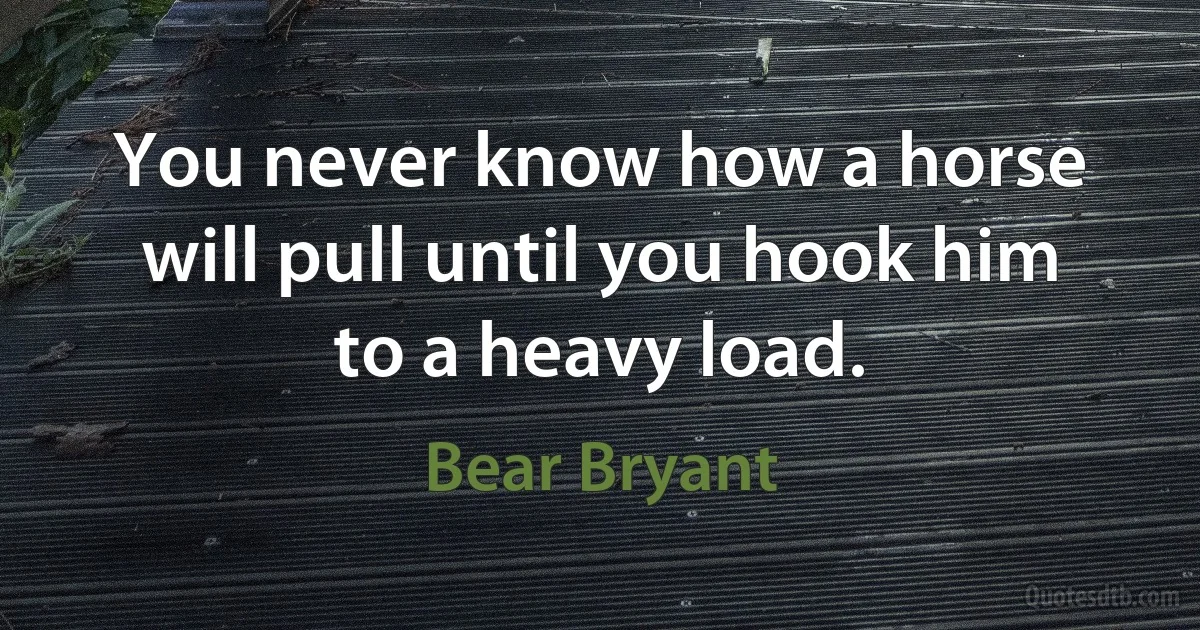 You never know how a horse will pull until you hook him to a heavy load. (Bear Bryant)